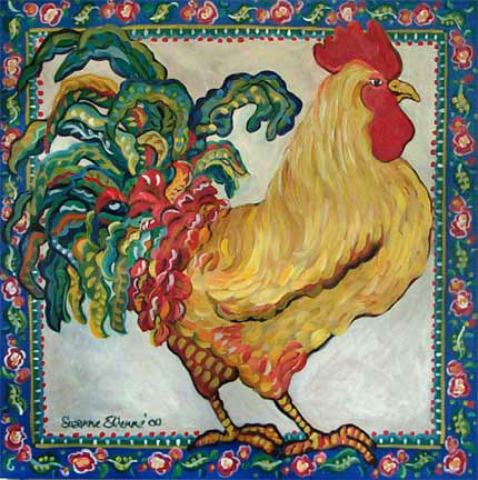 Blue Border Rooster by Suzanne Etienne