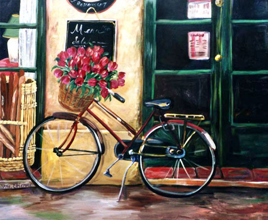 "Red Bike with Tulips"