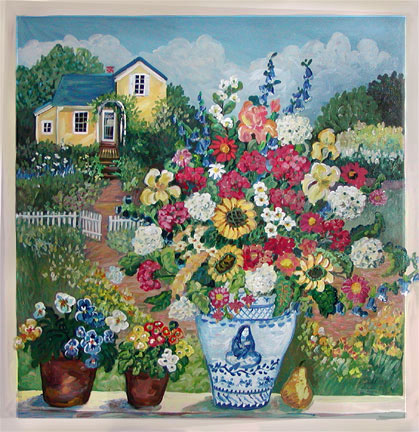 "Yellow Cottage with Blue Vase" by Suzanne Etienne